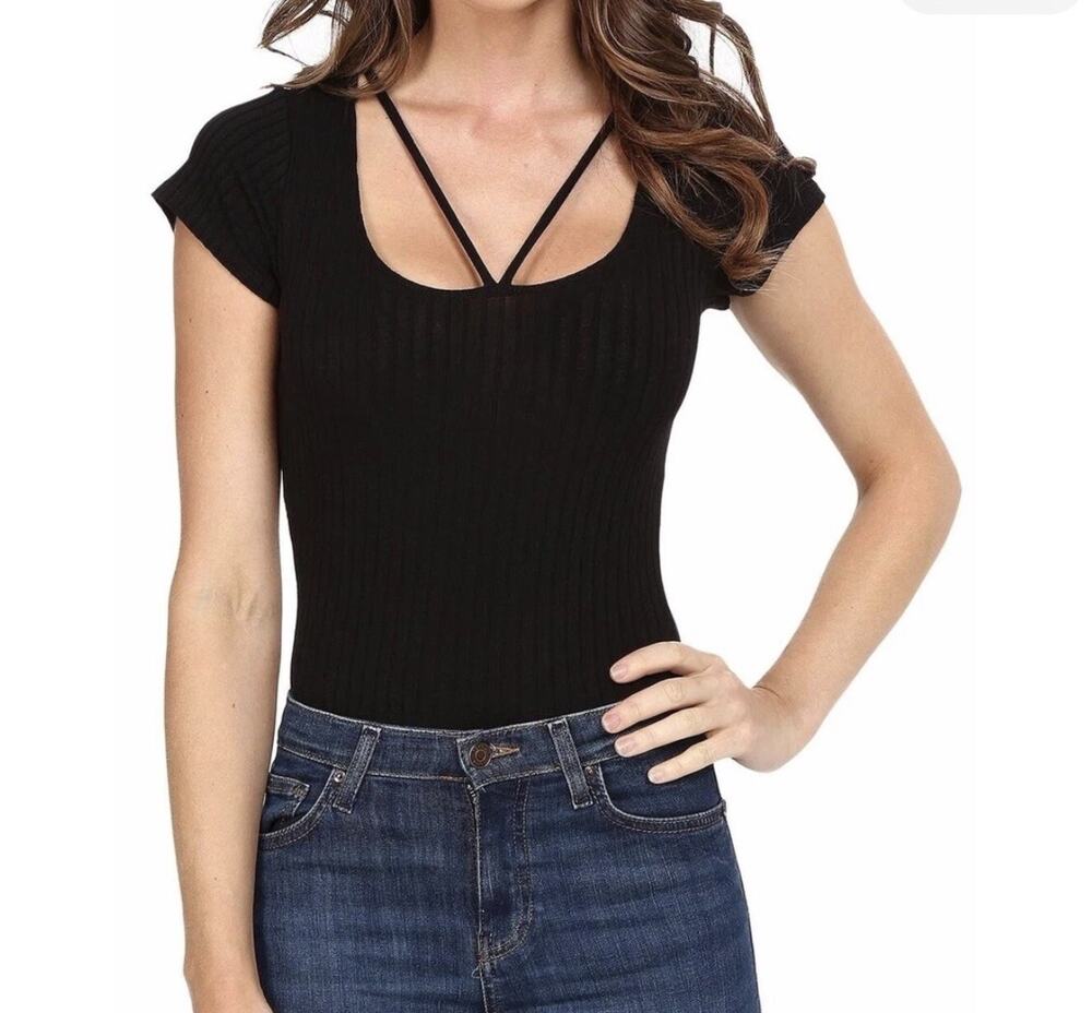 LNA Black Ribbed Strap T-Shirt Bodysuit Women’s Sz Small Rayon Blend Casual
